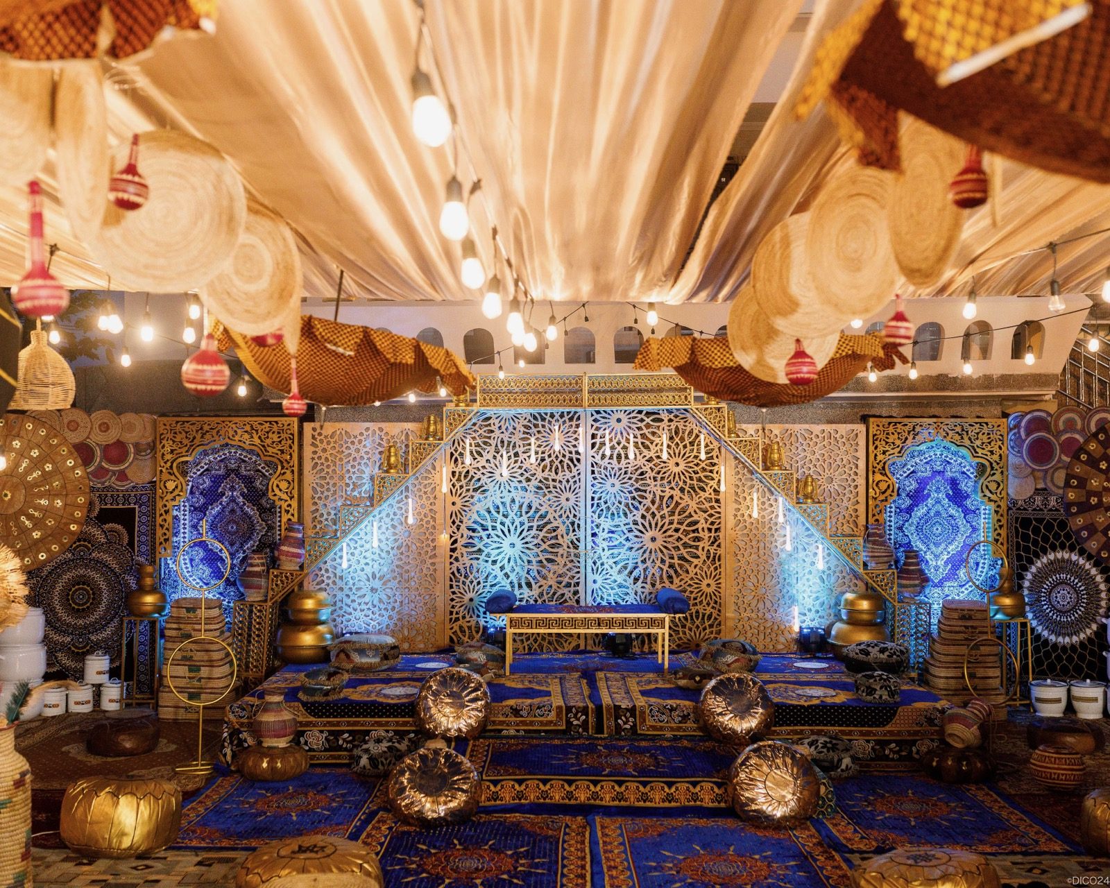 Blue and gold Moroccan-style lounge decor by Haske Spa and Events